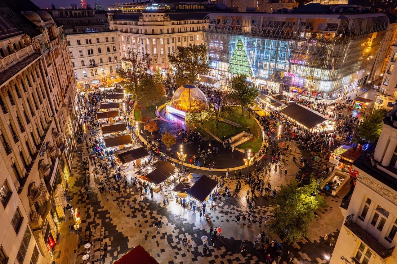 Ariel view of a Christmas Market in Budapest, Hungary.