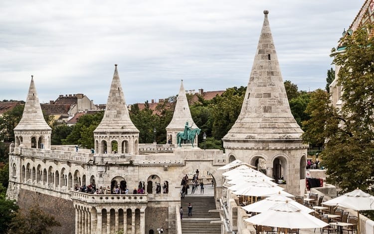 People exploring Fisherman's Bastions in Budapest.