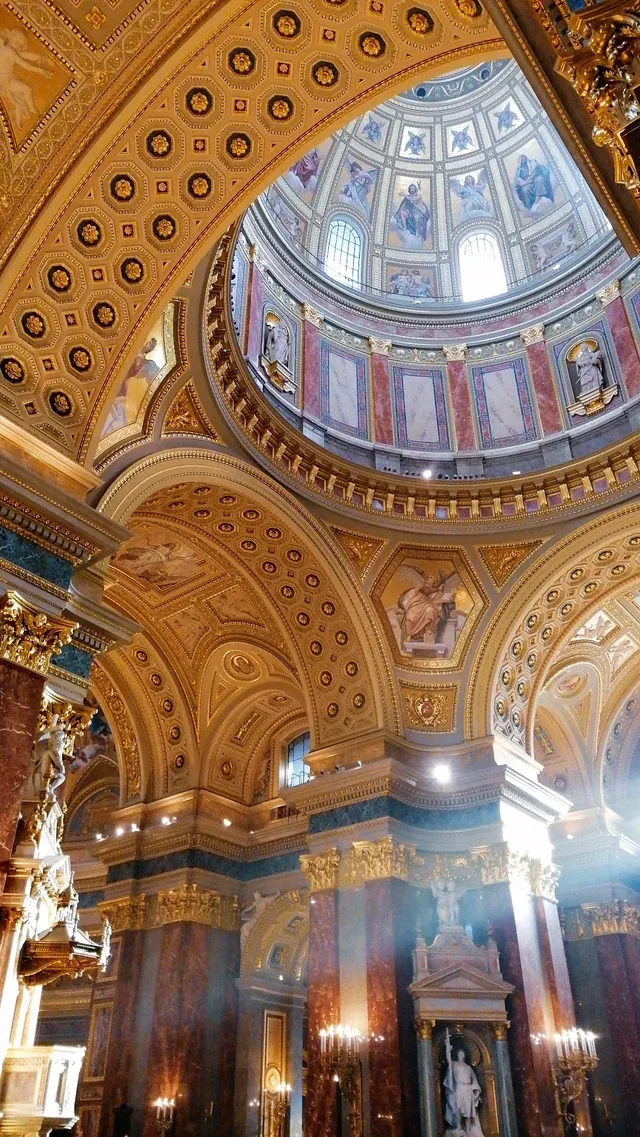 Stained glass dome inside of Stephen's Basilica in Budapest. 