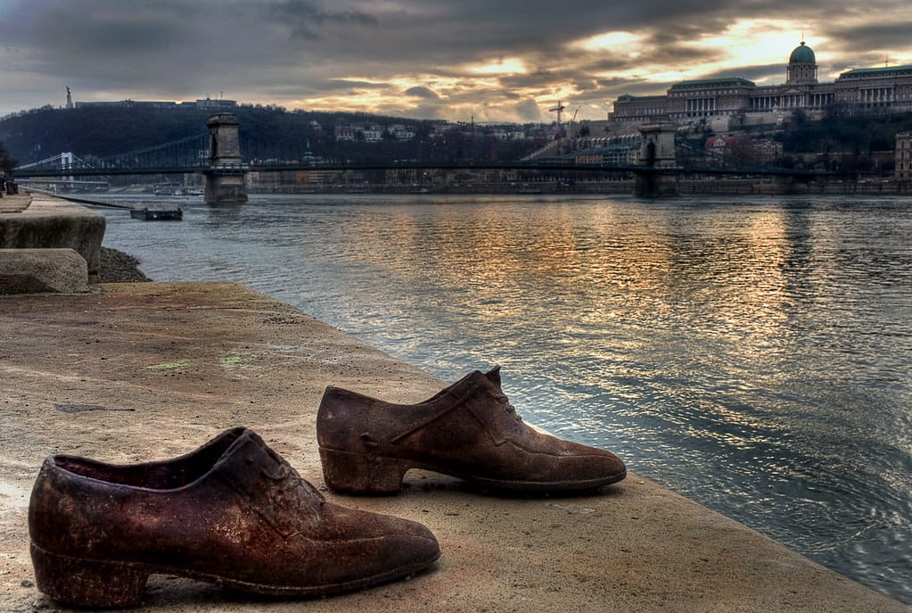 Pair of metal shoes that are part of an art display on the Danube Promenade in Budapest.