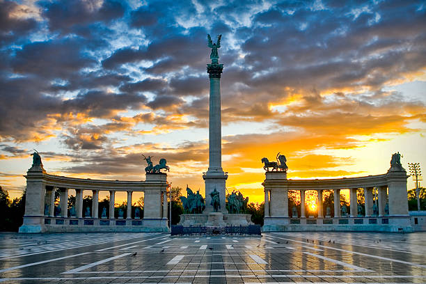 Sunset at the Millennium Monument at Heroes' Square in Budapest. 