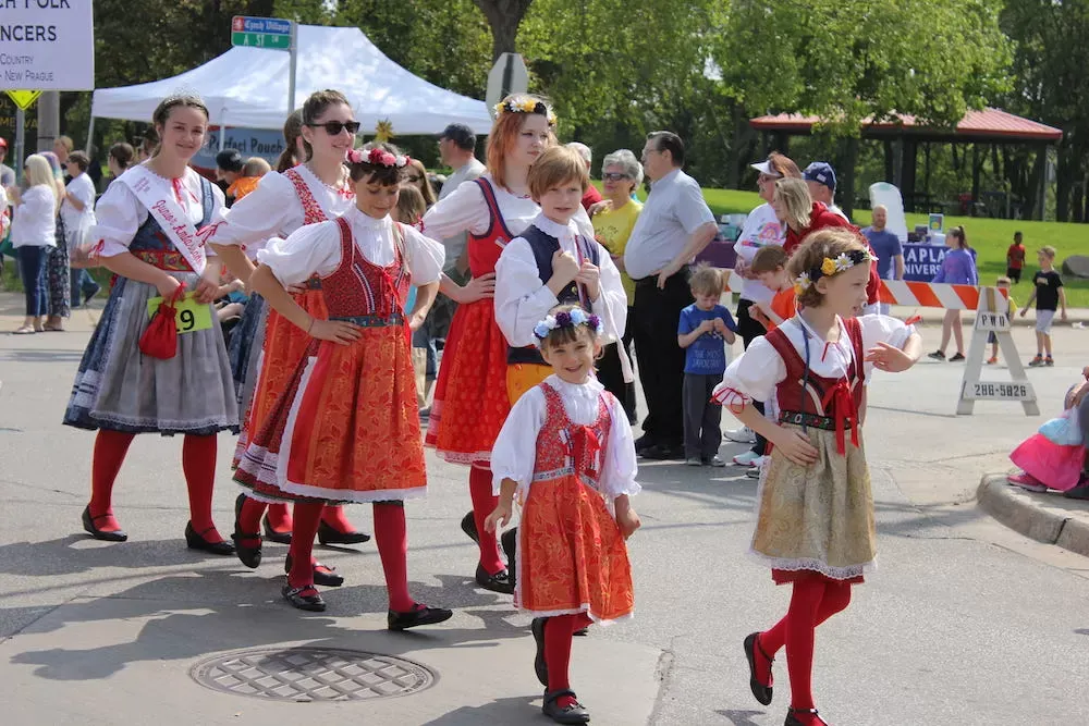 Women and Children dressed up in traditional Hungarian clothes for the Spring Festival. 