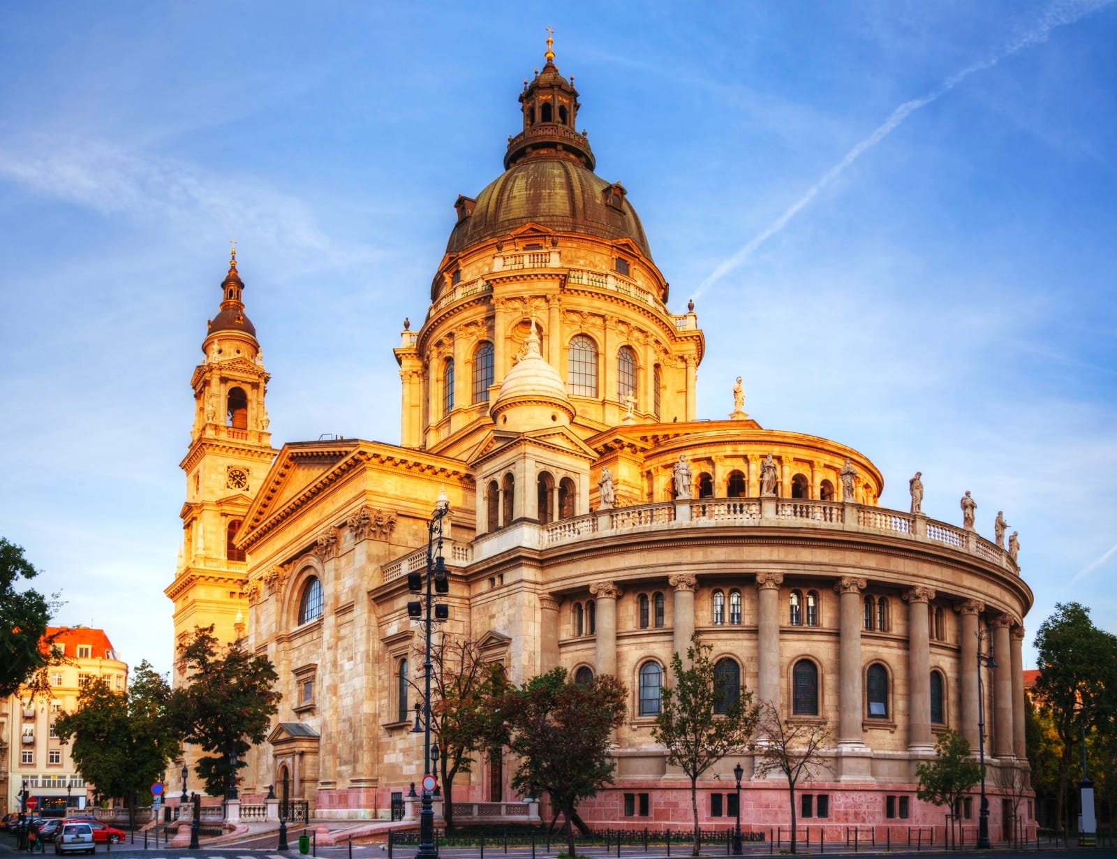 View of St. Stephen’s Basilica from the street in Budapest, Hungary.