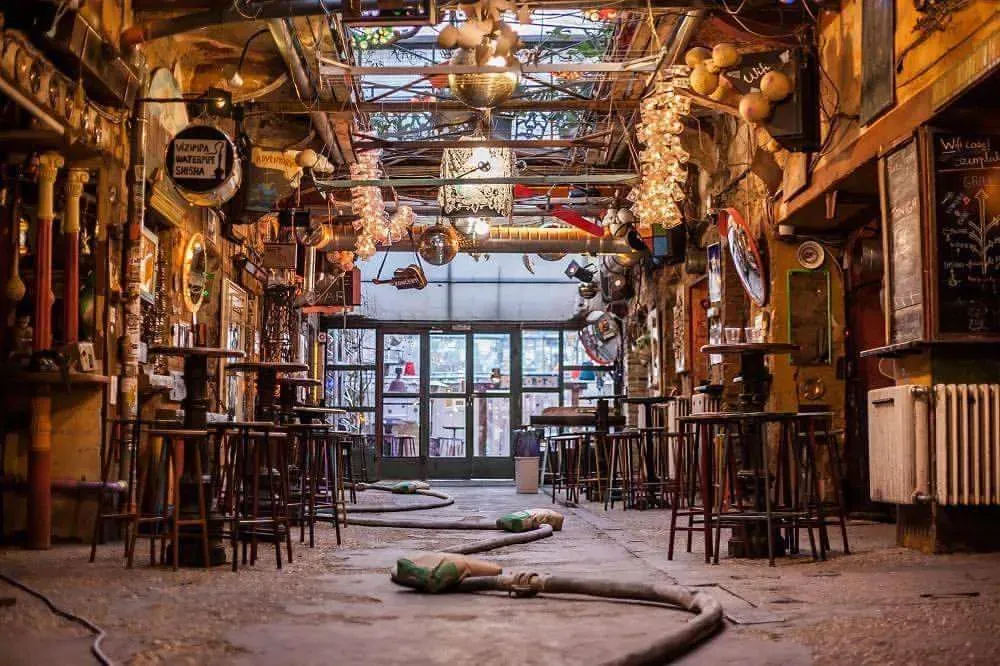 Inside of the Szimpla Kert Bar in The Jewish Quarter of Budapest.