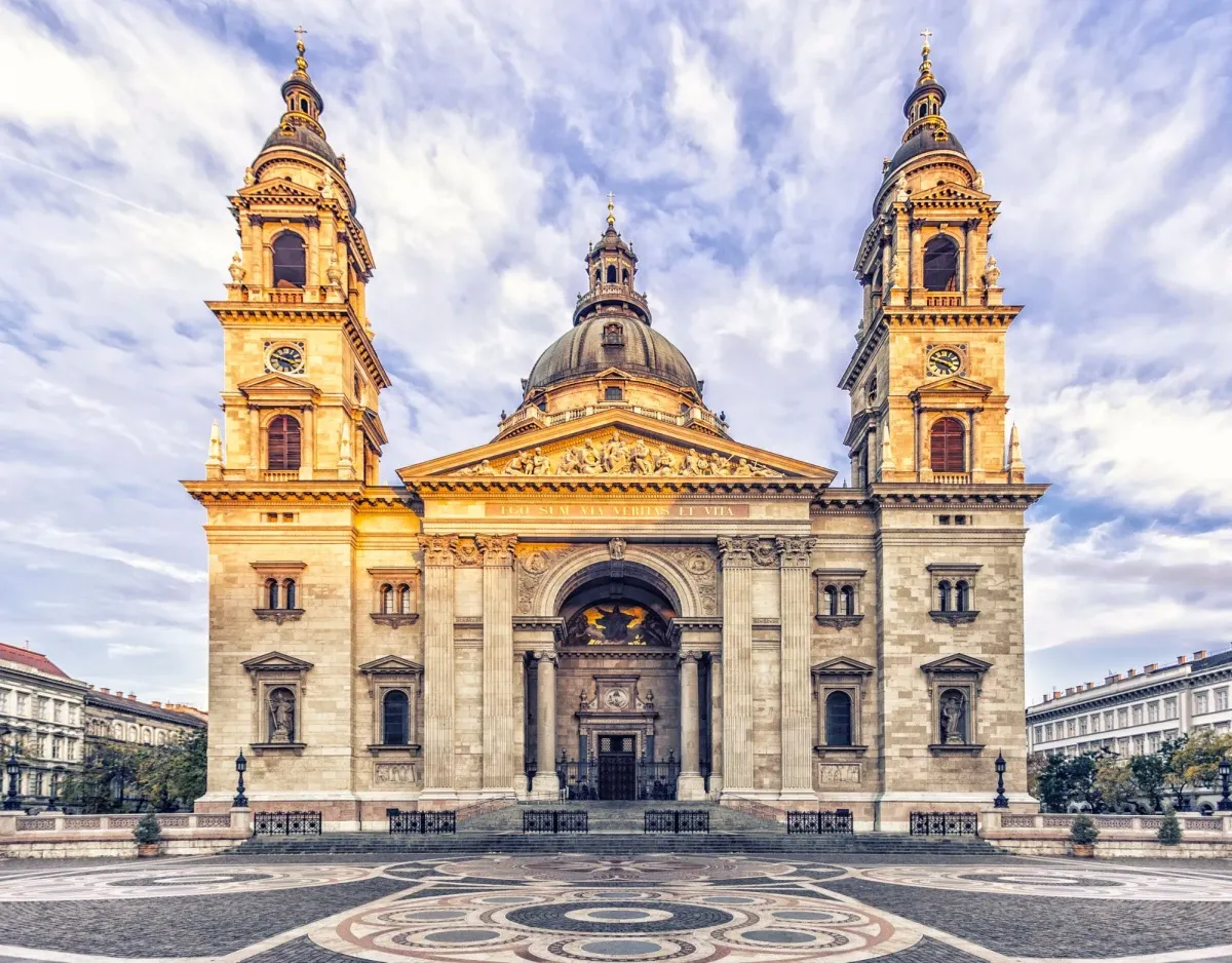 Entrance and street view of View St. Stephen’s Basilica in Budapest.