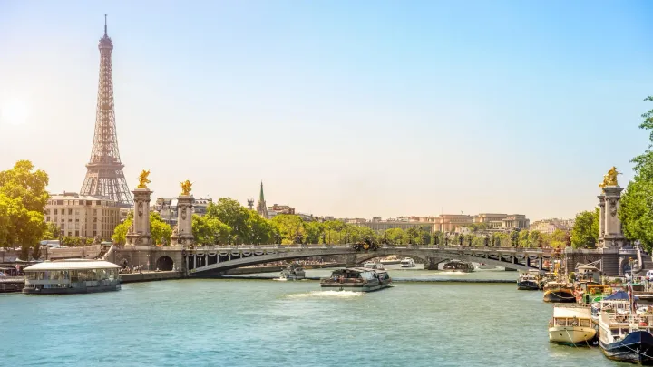 View of the Eiffel Tower in Paris from the river. 