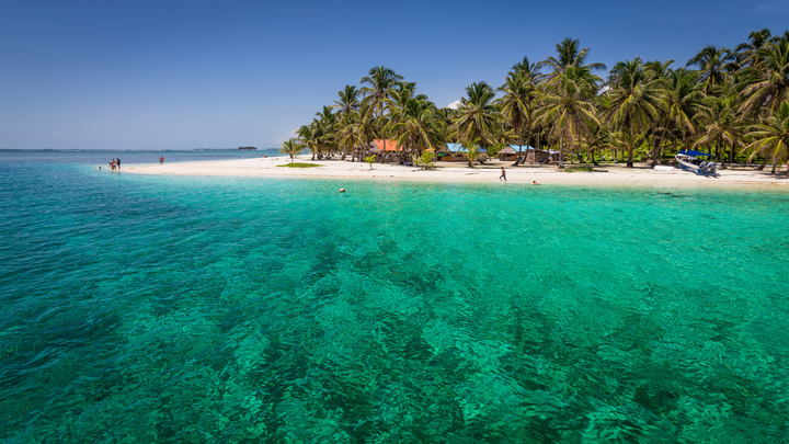 A view of an island with palm trees surrounded by crystal clear turquoise waters in San Blas Islands, Panama