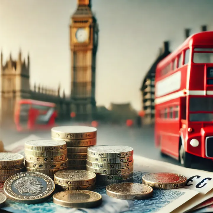 British pound notes piled up with the scene of London blurred in the background.