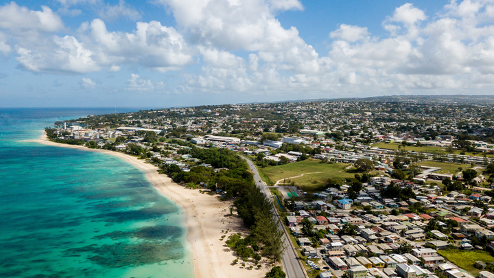 Ariel view of a beautiful beach on the island of Barbados in the Caribbean.