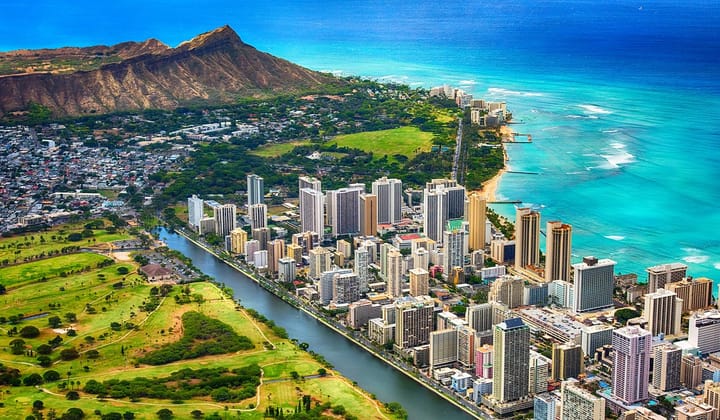 Ariel view of the resorts on Waikiki beach in Honolulu on the island of Oahu, Hawaii 