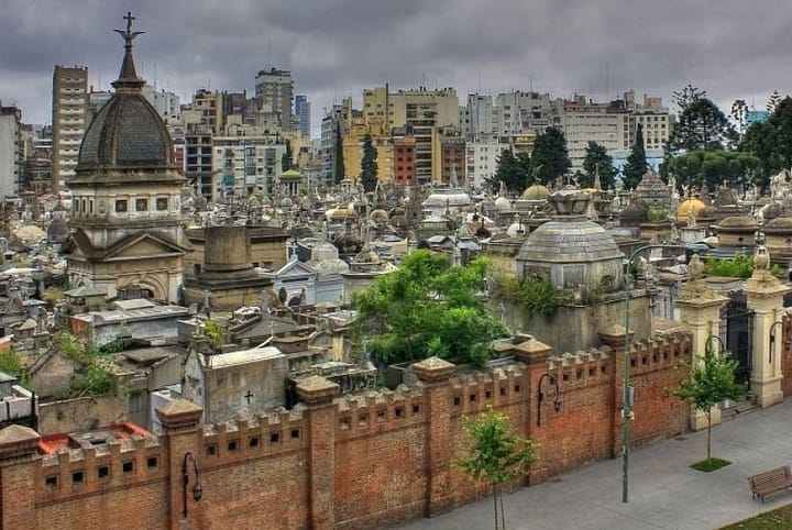 Recoleta Cemetery in Buenos Aires, Argentina, featuring elaborate mausoleums and historic tombs.