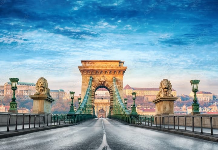 Lion Statues on a Beautiful bridge in Budapest, Hungary.